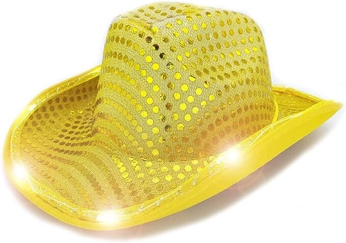 Sombrero de Vaquero LED Intermitente Iluminado Lentejuelas AMARILLO LEDES BLANCOS, Vaquera