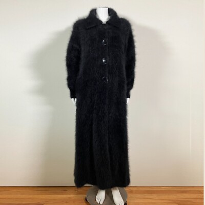 80% Angora Fuzzy Vintage VENESHA Black Lined Long Formal Sweater Coat 48