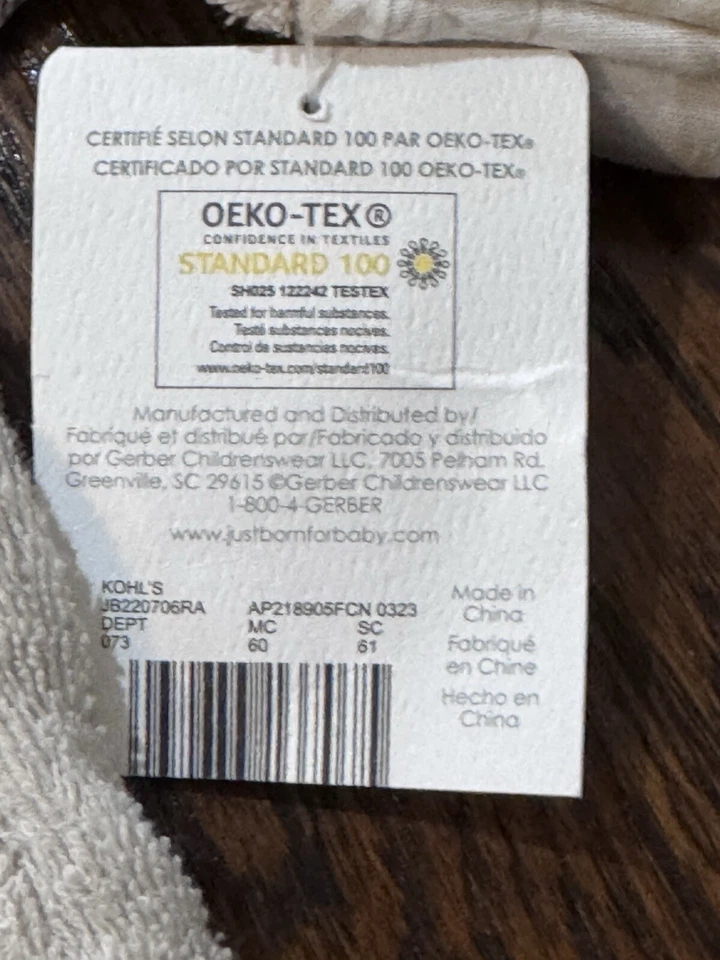 Roupão de banho Gerber Just Born bebê unissex tamanho 0-9 meses algodão cinza forrado folhas - Imagem 3 de 4