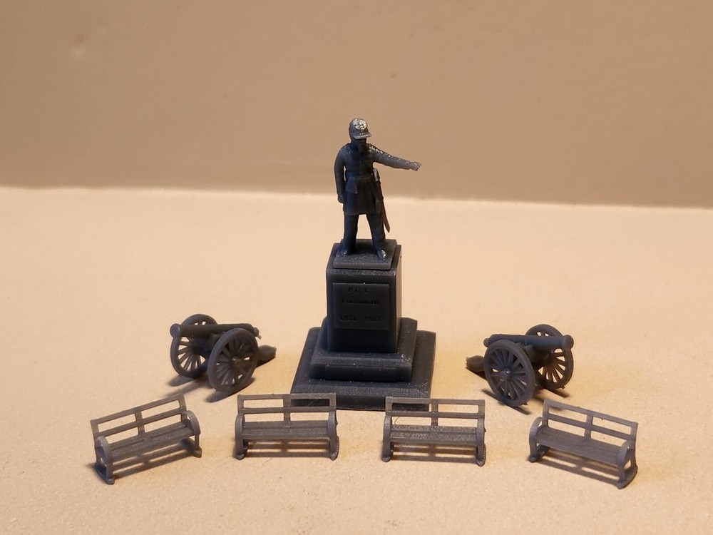 N Scale City Park Set W Statue, Cannon, Benches,  3D Resin Printed, Unpainted
