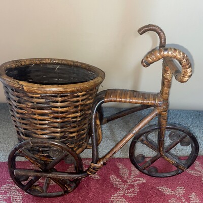 Vtg - Unbranded - Wicker / Bamboo Tricycle Plant Holder / Stand 19x16 