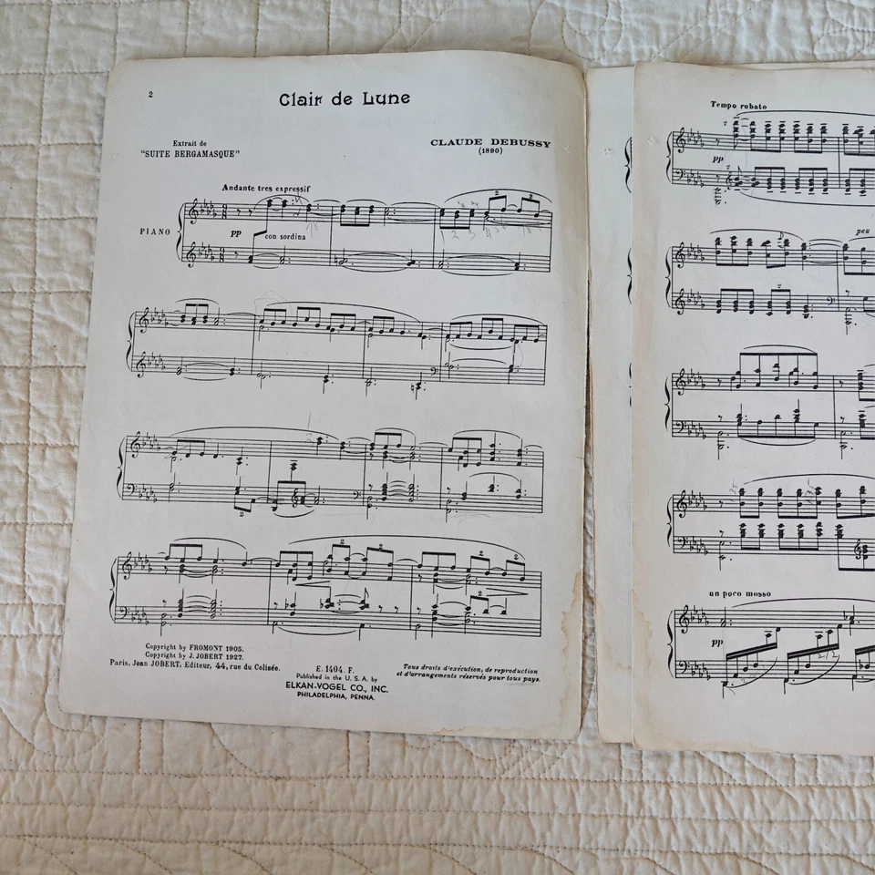 Rare 1927 Vtg "Clair De Lune" By Claude Debussy Song Piano Music Sheet - Image 3 of 4
