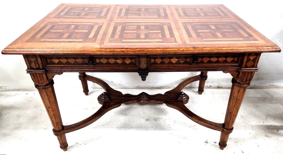 Antigua mesa de comedor de biblioteca inglesa de 4 cajones con tapa de cristal Foto 2 de 4