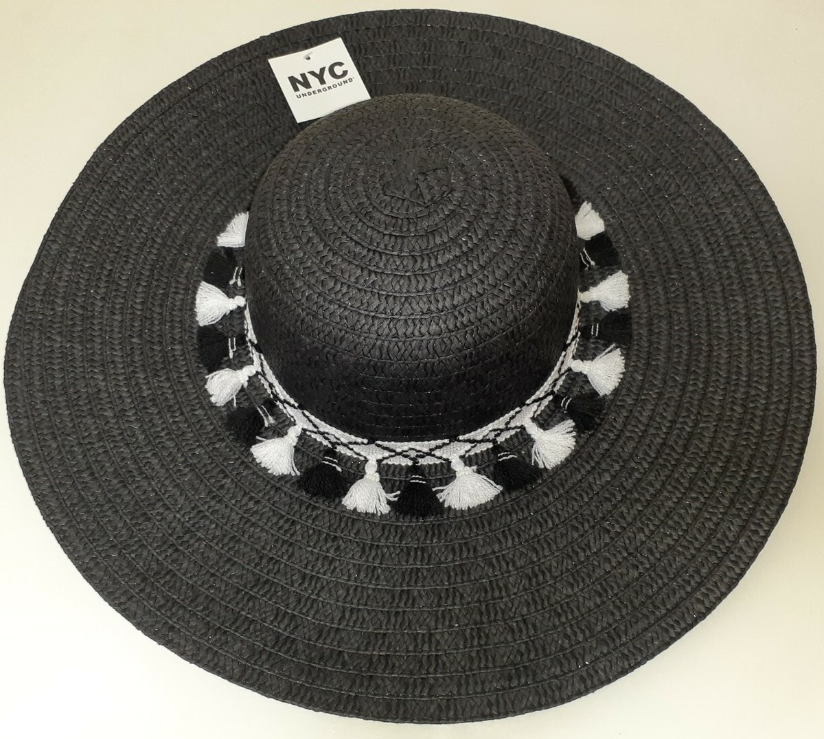 NYC Underground Woven Straw Hat with Fringe Tasseled Band! Large Floppy  Brim!
