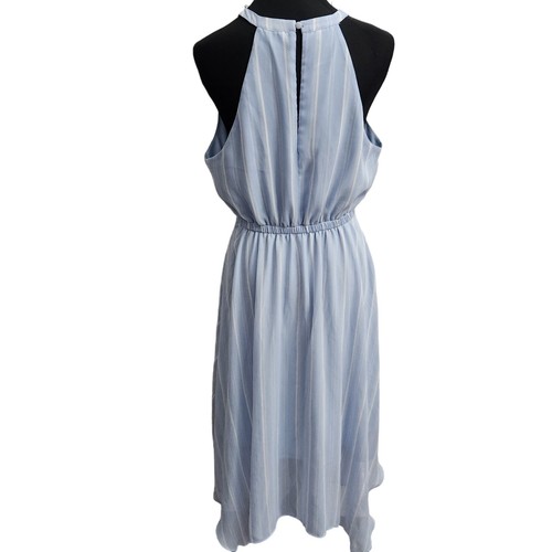 Vestido BCBG Paris de Gasa Mediano Halter Azul Blanco Rayas Midi Transparente Sin Mangas - Imagen 7 de 10