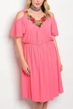 Coral Cold Shoulder Flower Detail Neckline Smoked Waist Dress - Plus Size