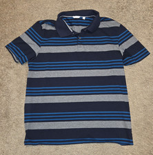 Calvin Klein Men's XL Navy Blue Gray Striped Polo Shirt, Short Sleeve, Collared