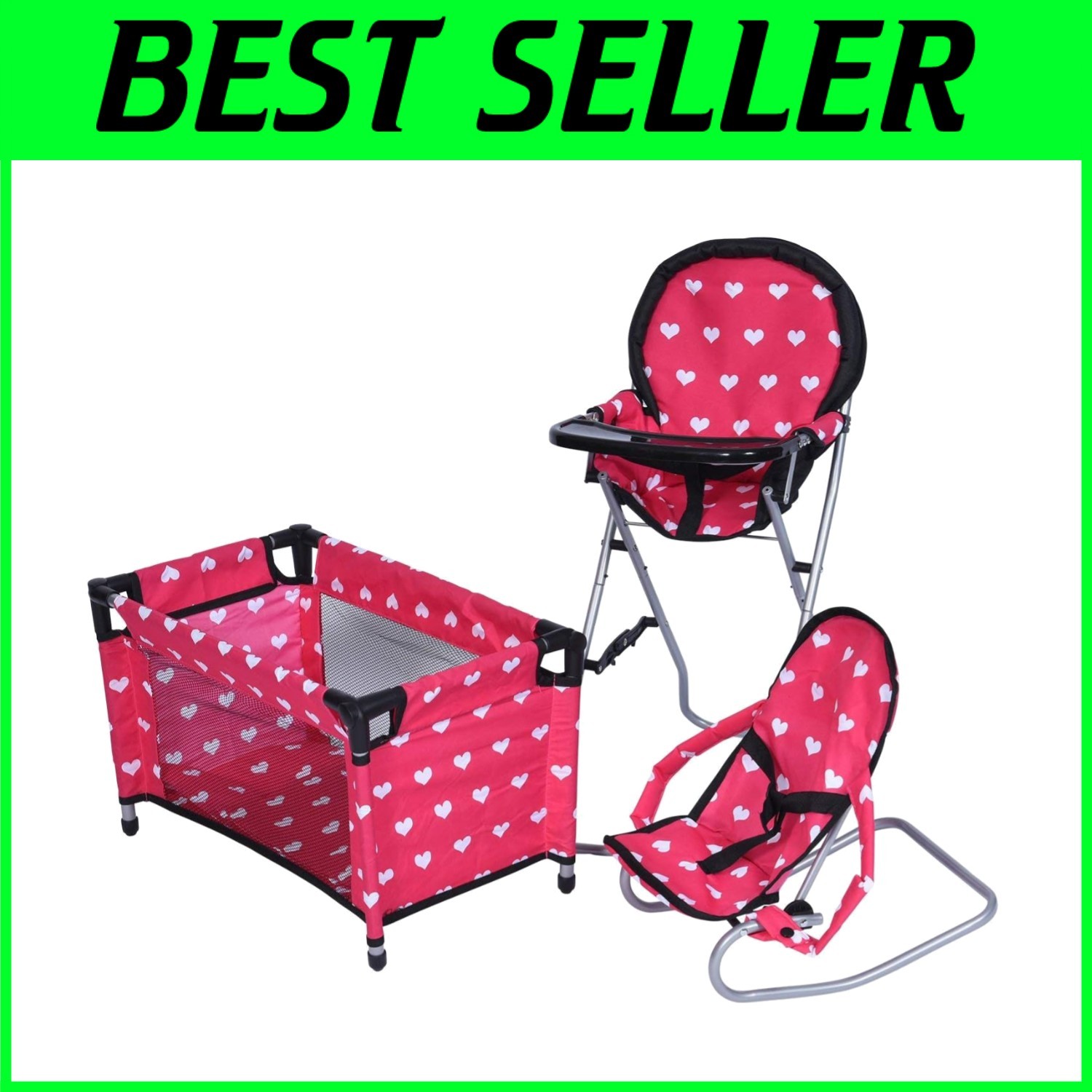Baby Doll Furniture Collection - Crib, High Chair, Bouncer