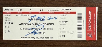 Ryan Waldschmidt Auto 1st MLB Start Ticket Stub 5/9/2026 DBacks Rookie Inscribed