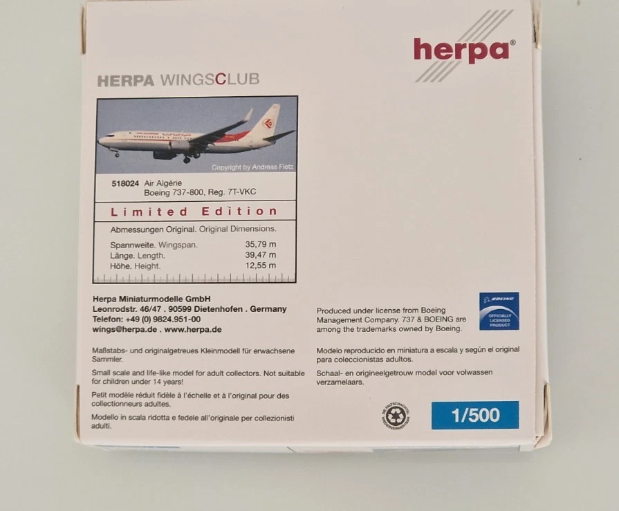 Herpa 518024 1:500 Air Algerie Boeing 737-800 7T-VKC - Photo 4/4