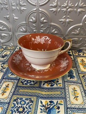 Aynsley Bone China Cup And Saucer White Roses On Burnt Red Tea Coffee Set
