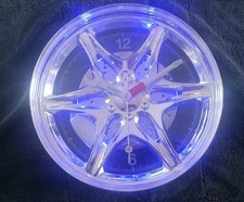 Neon Alloy Rim Wall Clock Blue LED Light Border Car Garage Wheel Motoring Gift