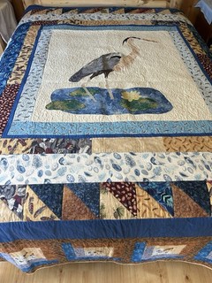 Vintage Applique Queen Quilt 78x100 Blue Heron Cabin Rustic Handmade 90s