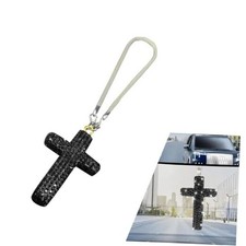 Bling Cross Car Mirror Hanging Accessories, Crystal Rhinestone Rear View Black