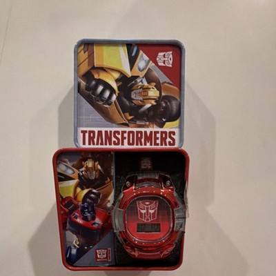 Transformers Boys Digital Wristwatch Quartz Red Plastic Collectible Tin Box