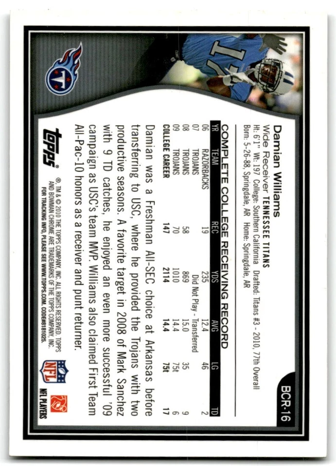 2010 Topps Chrome #BCR-16 Damian Williams Bowman Chrome Rookies - Image 2 of 2