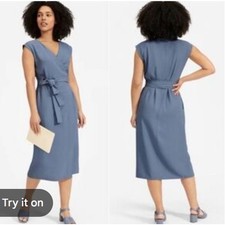 NWT Everlane Blue Triacetate Wrap Midi Dress Minimalist Workwear Size 8