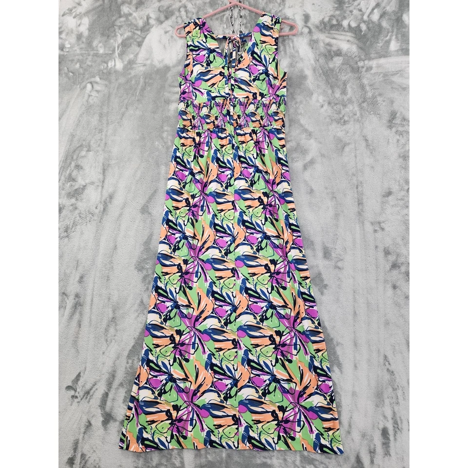 Винтажный 90-х Karin Stevens цветочный v-образным вырезом со сборками талии макси платье размер 6 галстук назад - Изображение 3 из 4