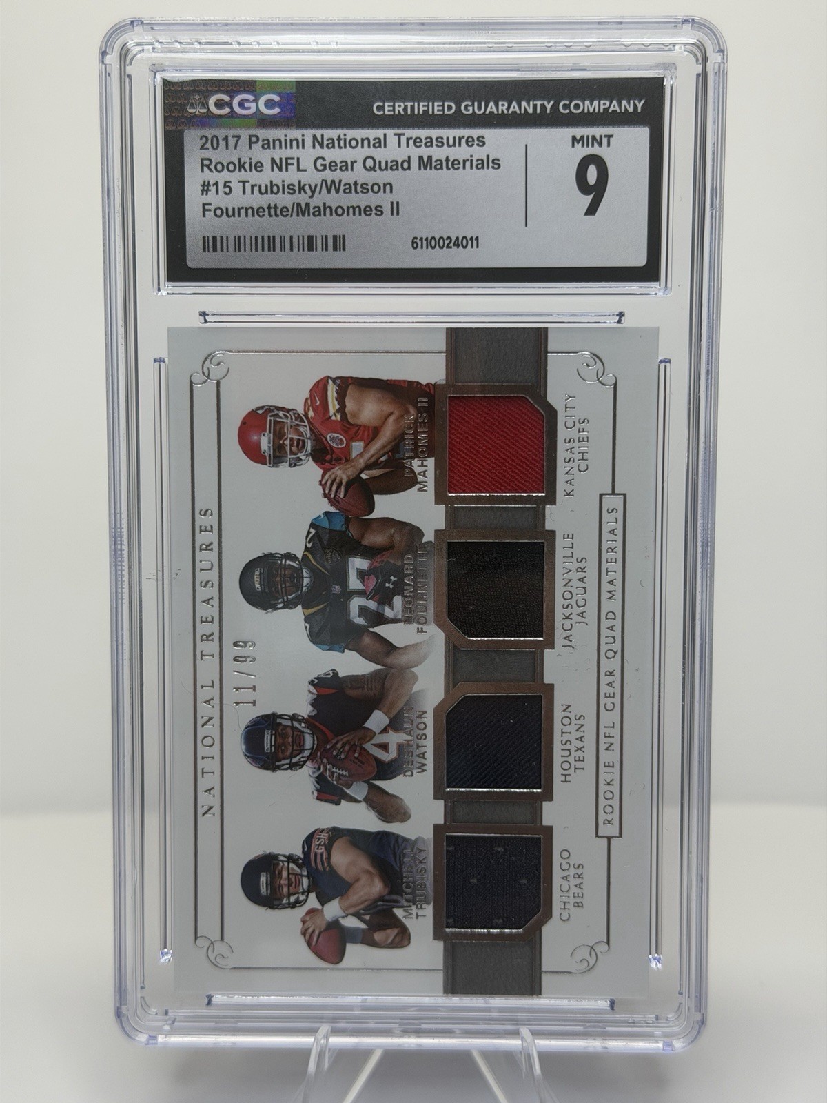 2017 Panini National Treasures Rookie Gear Quad #15 Patrick Mahomes + /99 CGC 9 view 2