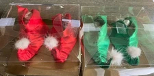 2 Pair Vintage Christmas Satin Elf Boot/Shoes In Package Red & Green