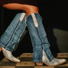 DINGO Shabby Western Tall Boots Size 10 Denim Blue Lizard Leather NEW