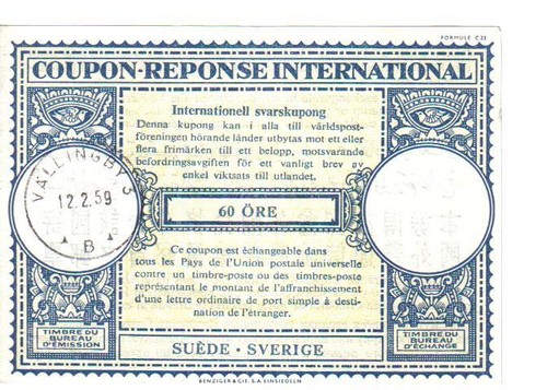 SWEDEN / VALLINGBY - STOCKHOLM, INTERNATIONAL REPLY COUPON, 1959