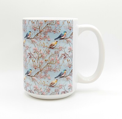 Delicate Garden & Birds Coffee Tea Mug Cup 15 Oz Ceramic Floral Design by Mugzan