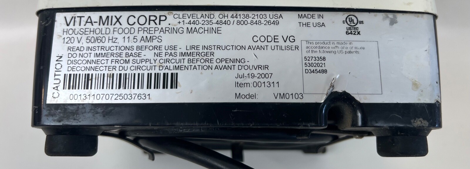 VitaMix 5000 VM0103 Blender Motor Base Only White * FOR PARTS OR REPAIR *