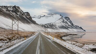 Landscape nature mountains winter snow snowy peak road Custom Gaming Mat Desk