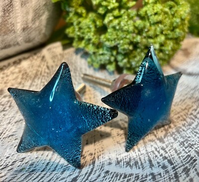 2 Starfish Blue Nautical Beach Glass Knobs Drawer Pulls furniture Hardware Star