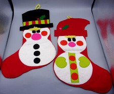 Set of 2 Vintage 16" Handmade Christmas Stockings Red Felt Jolly Snowman