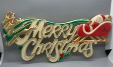 VTG Plastic Merry Christmas Sign With Santa Sleigh & Reindeer Retro Holiday
