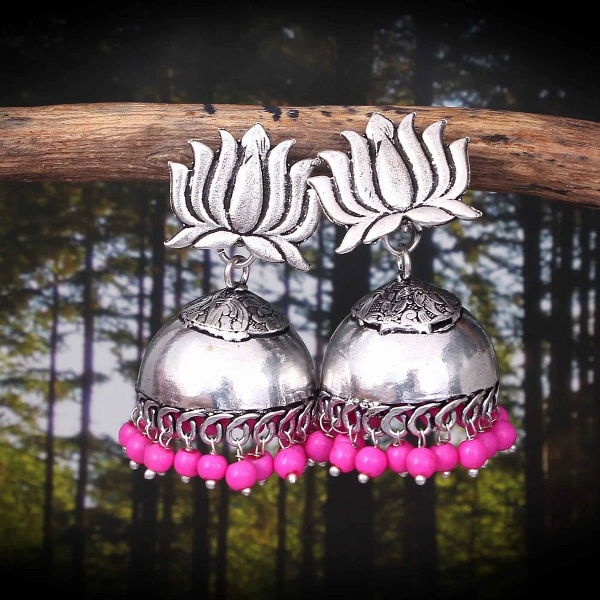 Bollywood Oxidized Silver Plated Handmade Lotus Jhumka Jhumki