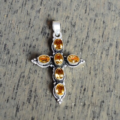Yellow Citrine Gemstone Pendant Jewelry 925 Sterling Silver Handmade Gift Cross