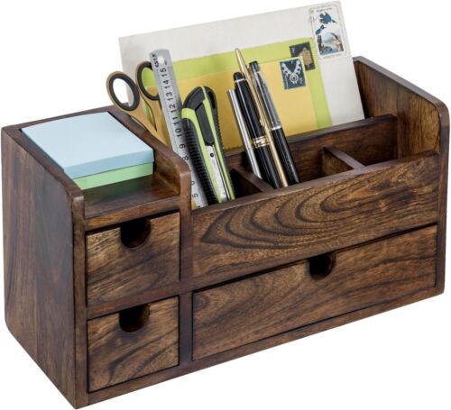 Dark Brown Wood Desktop Office Supplies Organizer, Mail Holder & Desk Organizer