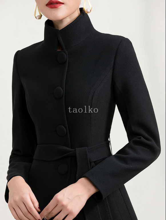 Women's Stand Collar Single Breasted Wool Blend Long Trench Coat Winter  Overcoat