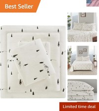 Queen Cotton Flannel Sheet Set with Lodge-Inspired Pine Trees - 4 Pieces