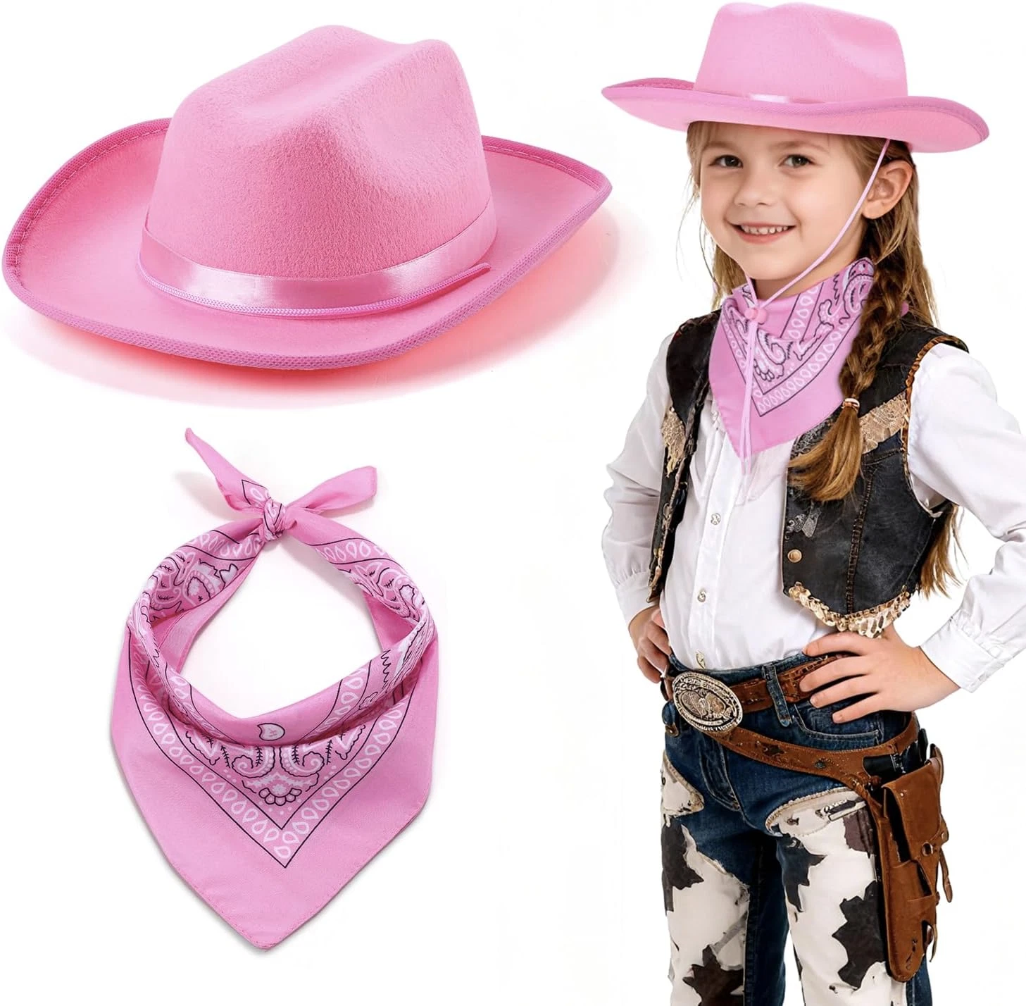 Toddler Cowboy Hat & Bandana, Felt Cowboy Hats for 3-8, Western Cowgirl Hallowee