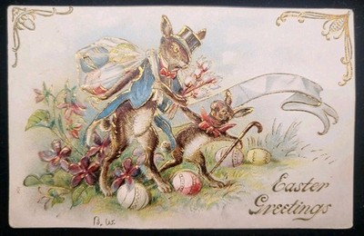 Antique Easter Anthropomorphic Dressed Bunnies Eggs Embossed Gilt Postcard 1907 