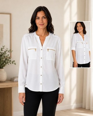 Calvin Klein White Zip Pocket Blouse Top Women's L Gold Hardware Roll Tab Sleeve