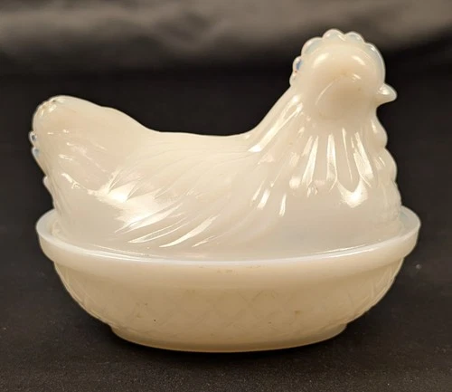 Vintage Small Milk White Glass Hen In Basket Nest Candy Dish