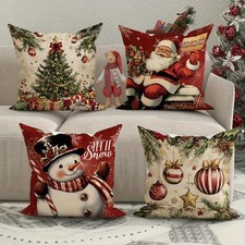4pcs Christmas Pillow Covers Set Festive Linen Pillowcase Gift 2D Flat NO Filler