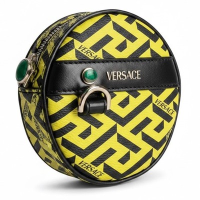 Versace Bright Yellow La Greca Round Pouch Coin Cosmetic Belt Bag $575 Retail
