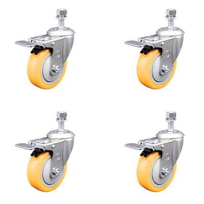 4 Inch Yellow Polyurethane Swivel ½ Inch Stem Caster Set with Total Lock Brake