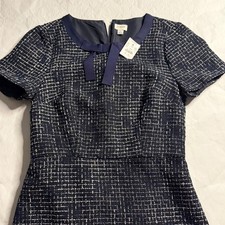 J. Crew Tweed Sheath Dress Bow Tie Neck Short Sleeve Navy White Blue Size 4