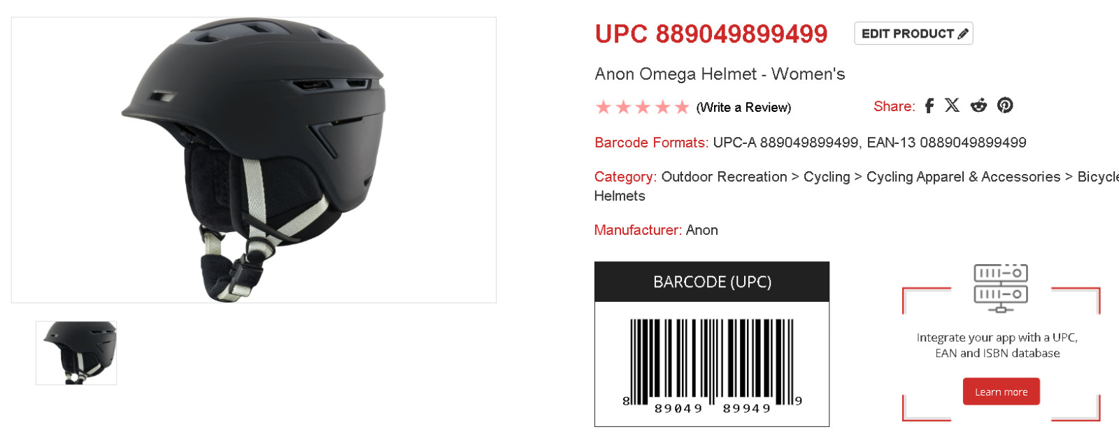 Anon Omega Women Snow Ski Snowboard Helmet Black Noir Size S 52-55cm Open Box