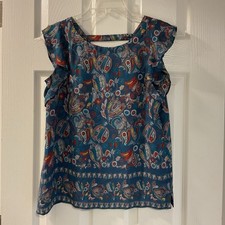 Ann Taylor LOFT Womens Blue Paisley Lightweight Flutter Sleeve Top Sz XSP