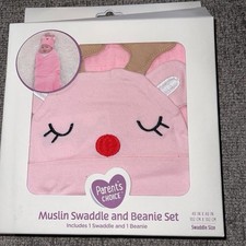 Parent  s choice Pink Christmas Reindeer Muslin Baby Blanket Swaddle Beanie New