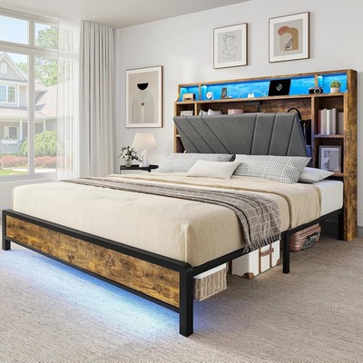 Queen Size Bed Frame with Storage Headboard, Platform Upholstered Bed with LED L