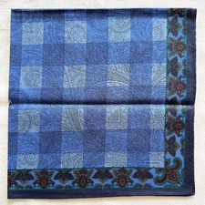 VTG Handkerchief Cotton Blue Check  line Art Damask Pattern Pocket Square 18"